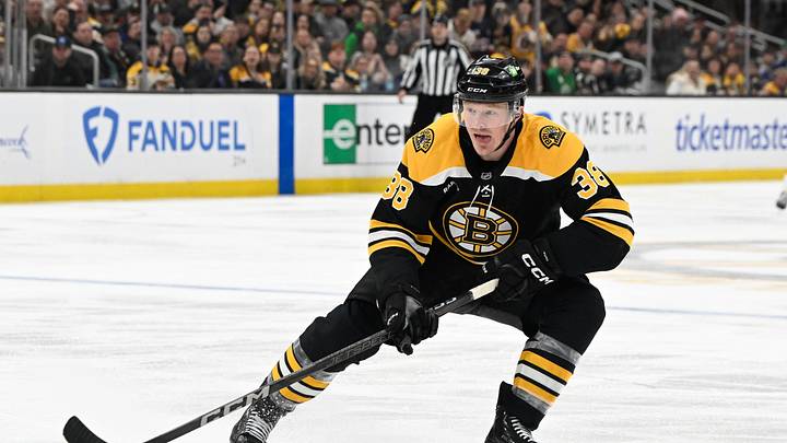 Mar 15, 2025; Boston, Massachusetts, USA; Boston Bruins center Patrick Brown (38) skates against the Tampa Bay Lightning during the third period at TD Garden. Mandatory Credit: Eric Canha-Imagn Images