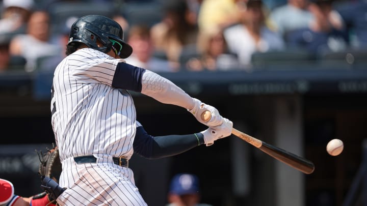 New York Yankees right fielder Juan Soto (22) hits a solo home run during the third inning against the Texas Rangers at Yankee Stadium on Aug 11.