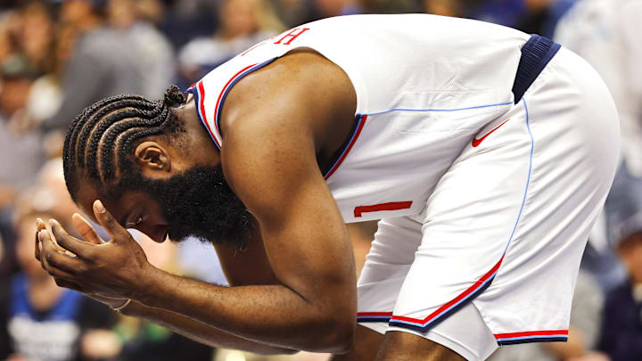 Jan 6, 2025; Minneapolis, Minnesota, USA; Los Angeles Clippers guard James Harden (1) reacts to his offensive foul call as he charged against the Minnesota Timberwolves in the third quarter at Target Center. Mandatory Credit: Bruce Kluckhohn-Imagn Images Jan 6, 2025; Minneapolis, Minnesota, USA; Los Angeles Clippers guard James Harden (1) reacts to his offensive foul call as he charged against the Minnesota Timberwolves in the third quarter at Target Center. Mandatory Credit: Bruce Kluckhohn-Imagn Images