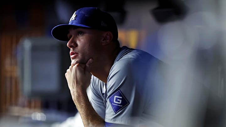 Oct 30, 2024; New York, New York, USA; Los Angeles Dodgers pitcher Jack Flaherty (0) reacts in the dugout after being relieved during the second inning against the New York Yankees in game four of the 2024 MLB World Series at Yankee Stadium. Mandatory Credit: Brad Penner-Imagn Images