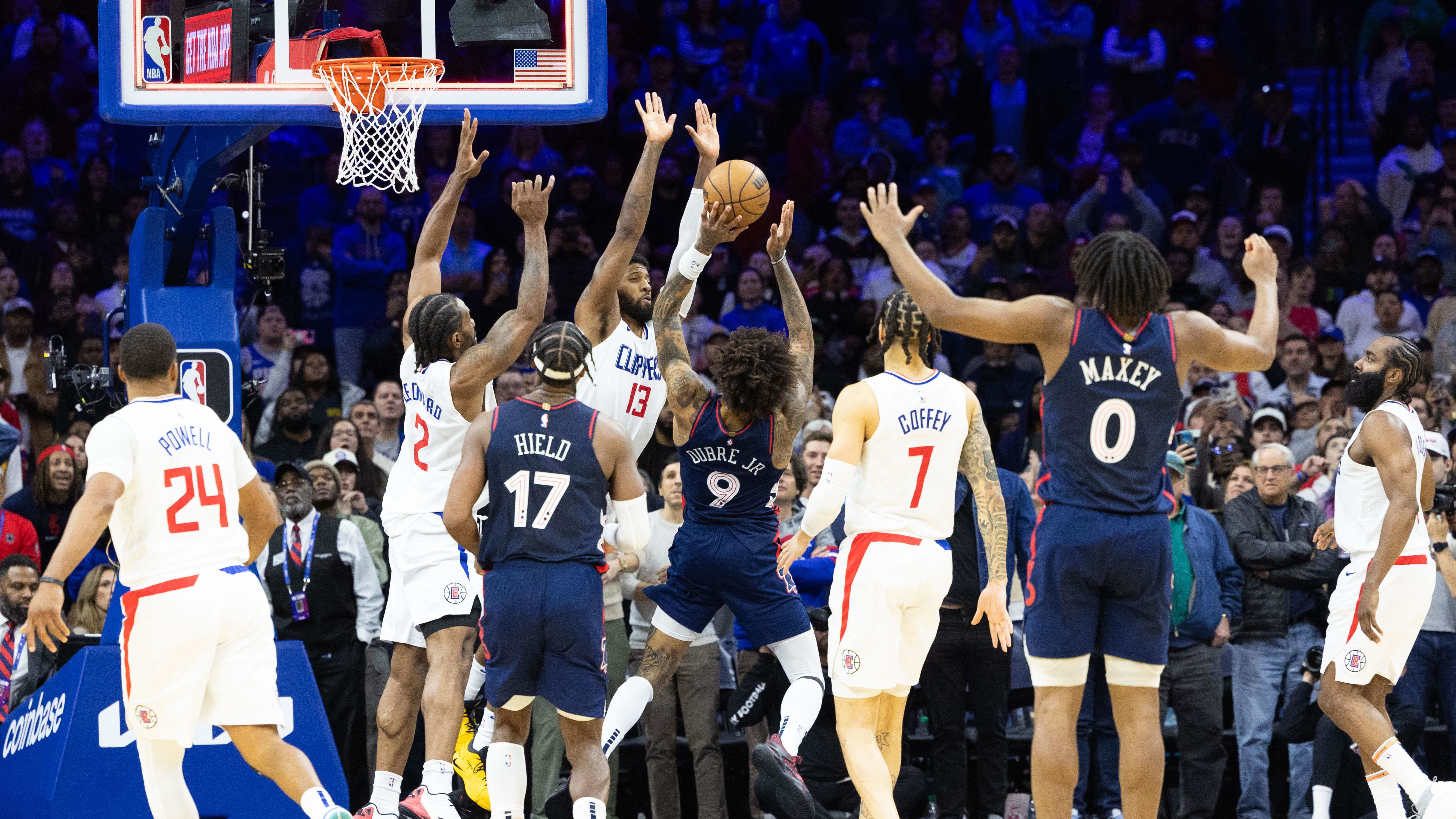 Mar 27, 2024; Philadelphia, Pennsylvania, USA; Philadelphia 76ers guard Kelly Oubre Jr. (9) attempts