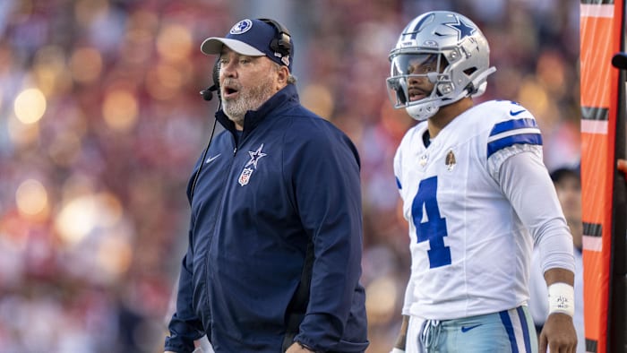 October 8, 2023; Santa Clara, California, USA; Dallas Cowboys head coach Mike McCarthy (left) and