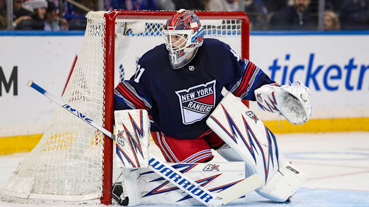 Nov 3, 2024; New York, New York, USA; New York Rangers goalie Igor Shesterkin (31) during the second period against the New York Islanders at Madison Square Garden. Mandatory Credit: Danny Wild-Imagn Images