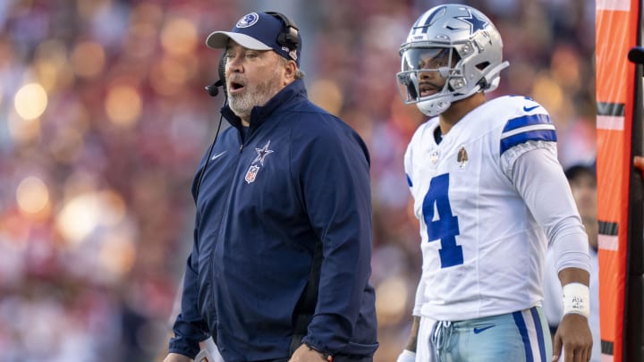 October 8, 2023; Santa Clara, California, USA; Dallas Cowboys head coach Mike McCarthy (left) and quarterback Dak Prescott (4) watch against the San Francisco 49ers during the first quarter at Levi's Stadium. Mandatory Credit: Kyle Terada-USA TODAY Sports