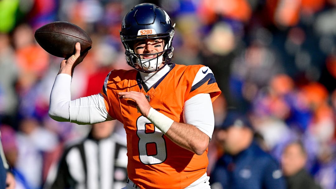 DENVER, CO - JANUARY 17: Denver Broncos quarterback Jarrett Stidham (8) warms up before the AFC Divisional Round game against the Buffalo Bills at Empower Field at Mile High on January 17, 2026 in Denver, Colorado. 