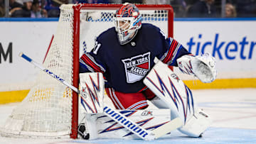 Nov 3, 2024; New York, New York, USA; New York Rangers goalie Igor Shesterkin (31) during the second period against the New York Islanders at Madison Square Garden. Mandatory Credit: Danny Wild-Imagn Images