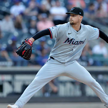 Jun 12, 2024; New York City, New York, USA; Miami Marlins starting pitcher Braxton Garrett (29) pitches against the New York Mets during the first inning at Citi Field.