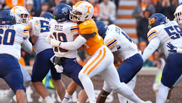 SEATTLE SEAHAWKS: Tennessee defensive lineman James Pearce Jr. (27) sacks UTEP quarterback JP Pickles (19) during a NCAA football game between Tennessee and UTEP in Neyland Stadium on Saturday, November 23, 2024.