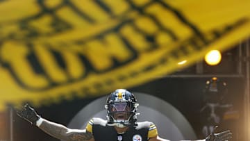 Sep 14, 2025; Pittsburgh, Pennsylvania, USA;  Pittsburgh Steelers running back Jaylen Warren (30) reacts as he takes the field against the Seattle Seahawks at Acrisure Stadium. Mandatory Credit: Charles LeClaire-Imagn Images