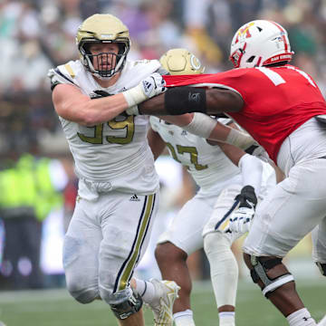 Sep 14, 2024; Atlanta, Georgia, USA; Georgia Tech Yellow Jackets defensive lineman Jordan van den Berg (99) rushes the passer against the Virginia Military Institute Keydets in the second quarter at Bobby Dodd Stadium at Hyundai Field. Mandatory Credit: Brett Davis-Imagn Images