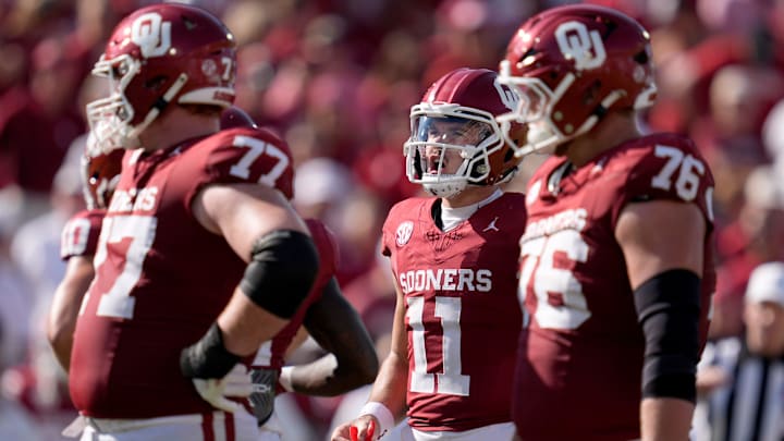 Oklahoma Sooners quarterback Jackson Arnold (11) shouts before a play during a college football game between the University of Oklahoma Sooners (OU) and the Tulane Green Wave at Gaylord Family - Oklahoma Memorial Stadium in Norman, Okla., Saturday, Sept. 14, 2024.