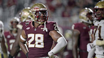 Sep 2, 2024; Tallahassee, Florida, USA; Florida State Seminoles linebacker Justin Cryer (28) reacts during the fourth quarter against the Boston College Eagles at Doak S. Campbell Stadium. Mandatory Credit: Melina Myers-Imagn Images