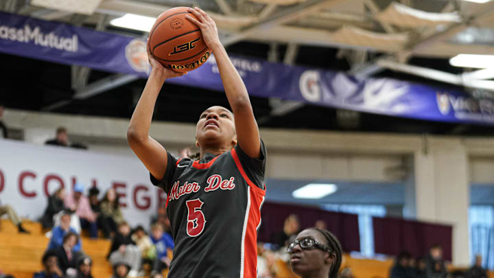 Mater Dei's Harmony Golightly drives for a basket against Christ the King (NY) at the 2026 Panini Hoophall Classic. Mater Dei's Harmony Golightly drives for a basket against Christ the King (NY) at the 2026 Panini Hoophall Classic.