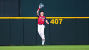 Jul 13, 2024; Arlington, TX, USA;  American League Future  outfielder Max Clark (13) makes a catch during the fourth inningagainst the National League Future team during the Major league All-Star Futures game at Globe Life Field.  