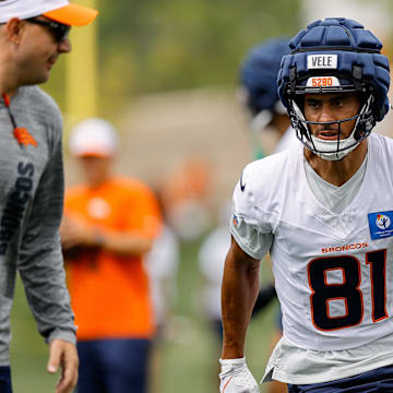 Jul 26, 2024; Englewood, CO, USA; Denver Broncos wide receiver Devaughn Vele (81) during training camp at Broncos Park Powered by CommonSpirit. Mandatory Credit: Isaiah J. Downing-Imagn Images