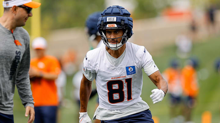 Jul 26, 2024; Englewood, CO, USA; Denver Broncos wide receiver Devaughn Vele (81) during training camp at Broncos Park Powered by CommonSpirit. Mandatory Credit: Isaiah J. Downing-Imagn Images