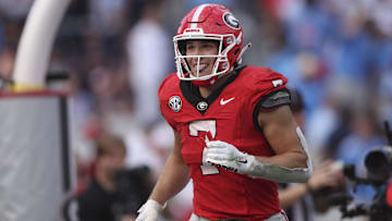 Oct 18, 2025; Athens, Georgia, USA;  Georgia Bulldogs tight end Lawson Luckie (7) reacts after a touchdown against the Mississippi Rebels during the third quarter of the game at Sanford Stadium. Mandatory Credit: Brett Davis-Imagn Images