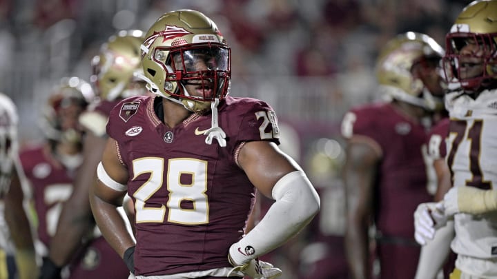 Sep 2, 2024; Tallahassee, Florida, USA; Florida State Seminoles linebacker Justin Cryer (28) reacts during the fourth quarter against the Boston College Eagles at Doak S. Campbell Stadium. Mandatory Credit: Melina Myers-USA TODAY Sports