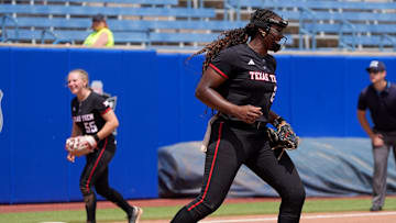 Texas Tech's NiJaree Canady (24) celebrates a strike out during the 2025 Phillips 66 Big 12 Softball Championship game between Arizona Wildcats and Texas Tech Red Raiders at Devon Park in Oklahoma City, Saturday, May, 10, 2025.