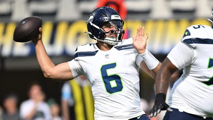 Aug 10, 2024; Inglewood, California, USA; Seattle Seahawks quarterback Sam Howell (6) throws a pass against the Los Angeles Chargers during the first quarter at SoFi Stadium. Mandatory Credit: Jonathan Hui-Imagn Images
