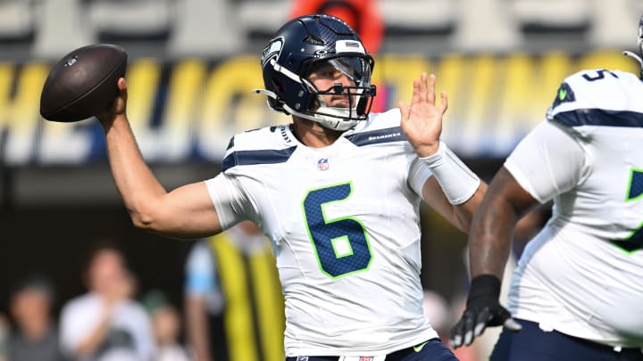 Aug 10, 2024; Inglewood, California, USA; Seattle Seahawks quarterback Sam Howell (6) throws a pass against the Los Angeles Chargers during the first quarter at SoFi Stadium. Mandatory Credit: Jonathan Hui-USA TODAY Sports