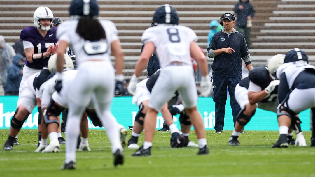 Penn State Nittany Lions head coach Matt Campbell looks on from behind the line of scrimmage during the Blue-White Spring game at Beaver Stadium. Penn State Nittany Lions head coach Matt Campbell looks on from behind the line of scrimmage during the Blue-White Spring game at Beaver Stadium.