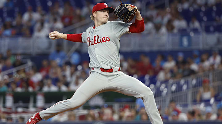 Sep 8, 2024; Miami, Florida, USA;  Philadelphia Phillies starting pitcher Seth Johnson (51) delivers a pitch against the Miami Marlins in the first inning at loanDepot Park.