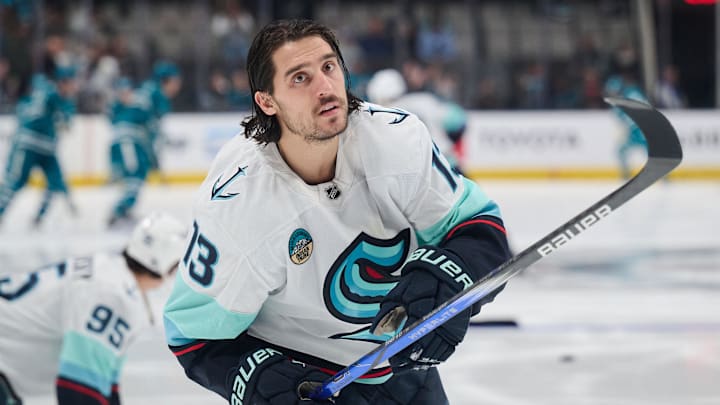 Nov 29, 2024; San Jose, California, USA; Seattle Kraken left wing Brandon Tanev (13) warms up on the ice before the game between the San Jose Sharks and the Seattle Kraken at SAP Center at San Jose. Mandatory Credit: Robert Edwards-Imagn Images Nov 29, 2024; San Jose, California, USA; Seattle Kraken left wing Brandon Tanev (13) warms up on the ice before the game between the San Jose Sharks and the Seattle Kraken at SAP Center at San Jose. Mandatory Credit: Robert Edwards-Imagn Images