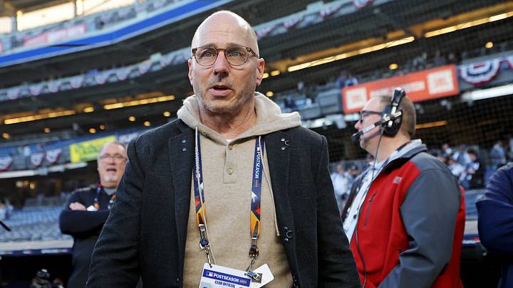 Oct 28, 2024; New York, New York, USA; New York Yankees general manager Brian Cashman walks on the field before game three of the 2024 MLB World Series between the New York Yankees and the Los Angeles Dodgers at Yankee Stadium. Mandatory Credit: Brad Penner-Imagn Images