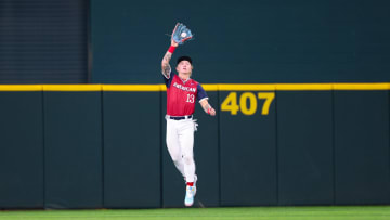 Jul 13, 2024; Arlington, TX, USA;  American League Future outfielder Max Clark (13) makes a catch during the fourth inning against the National League Future team during the Major League All-Star Futures game at Globe Life Field.  