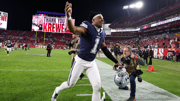 Jan 16, 2023; Tampa, Florida, USA; Dallas Cowboys cornerback Kelvin Joseph (1) reacts after the wild card game against the Tampa Bay Buccaneers at Raymond James Stadium. Mandatory Credit: Nathan Ray Seebeck-Imagn Images