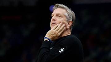 Dec 2, 2025; New Orleans, Louisiana, USA; Minnesota Timberwolves head coach Chris Finch reacts during the first half against the New Orleans Pelicans at Smoothie King Center. Mandatory Credit: Matthew Hinton-Imagn Images