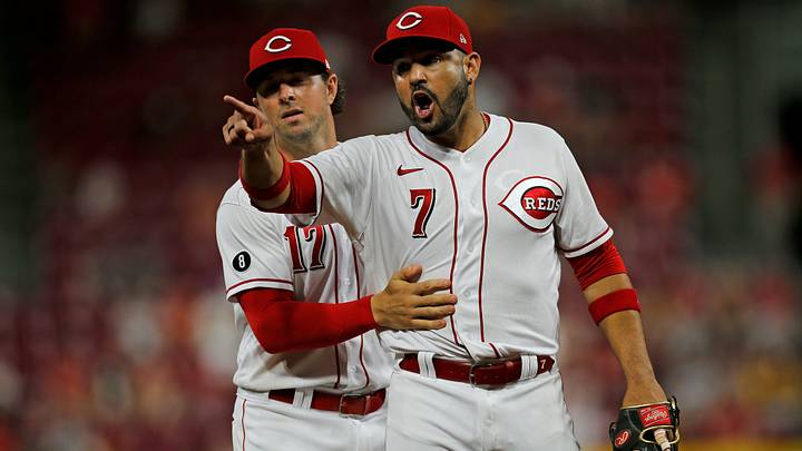 Cincinnati Reds third baseman Eugenio Suarez (7) argues with umpire Quinn Wolcott (81) about a ball called down the line in the seventh inning of the MLB National League game between the Cincinnati Reds and the San Diego Padres at Great American Ball Park in downtown Cincinnati on Tuesday, June 29, 2021. The Padres led 5-2 in the fifth inning.

San Diego Padres At Cincinnati Reds