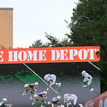 A video screen plays a Notre Dame football teaser before during the ESPN College GameDay show on Saturday, Sept. 23, 2023, on the Hesburgh Library lawn on the University of Notre Dame campus in South Bend. The show was to highlight the Notre Dame-Ohio State game.