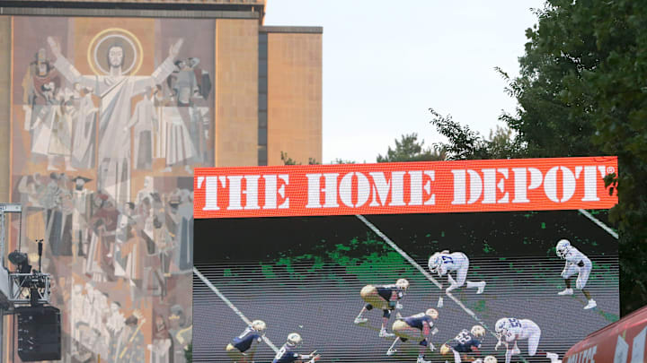 A video screen plays a Notre Dame football teaser before during the ESPN College GameDay show on Saturday, Sept. 23, 2023, on the Hesburgh Library lawn on the University of Notre Dame campus in South Bend. The show was to highlight the Notre Dame-Ohio State game.