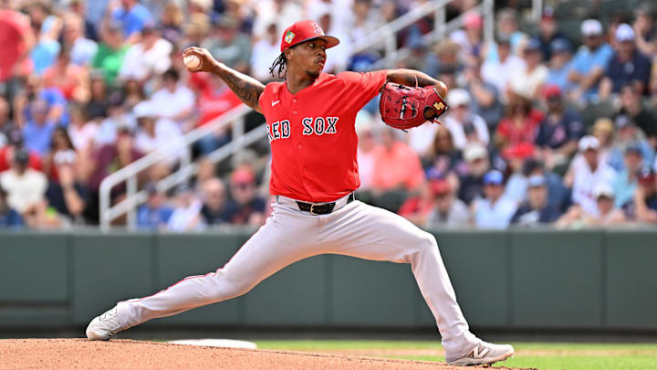 Feb 27, 2026; North Port, Florida, USA; Boston Red Sox starting pitcher Brayan Bello (66) throws a pitch in the first inning against the Atlanta Braves during spring training at CoolToday Park. Mandatory Credit: Jonathan Dyer-Imagn Images