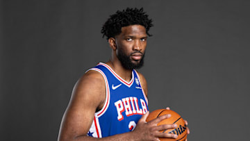 Sep 30, 2024; Camden, NJ, USA; Philadelphia 76ers center Joel Embiid (21) poses for a photo on media day at the Philadelphia 76ers Training Complex. Mandatory Credit: Bill Streicher-Imagn Images
