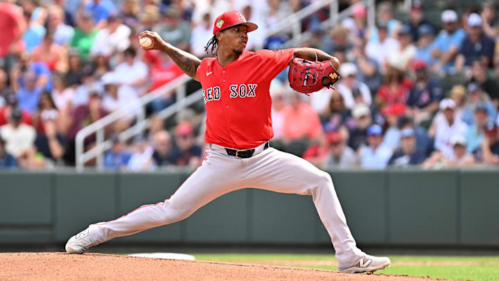 Feb 27, 2026; North Port, Florida, USA; Boston Red Sox starting pitcher Brayan Bello (66) throws a pitch in the first inning against the Atlanta Braves during spring training at CoolToday Park. Mandatory Credit: Jonathan Dyer-Imagn Images