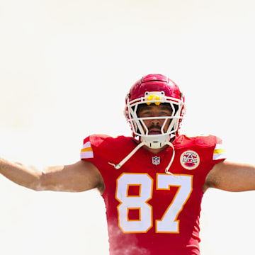 Sep 15, 2024; Kansas City, Missouri, USA; Kansas City Chiefs tight end Travis Kelce (87) is introduced prior to a game against the Cincinnati Bengals at GEHA Field at Arrowhead Stadium. Mandatory Credit: Jay Biggerstaff-Imagn Images