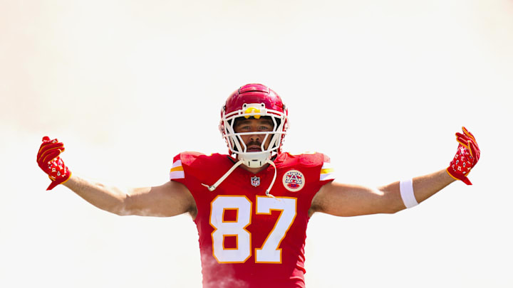 Sep 15, 2024; Kansas City, Missouri, USA; Kansas City Chiefs tight end Travis Kelce (87) is introduced prior to a game against the Cincinnati Bengals at GEHA Field at Arrowhead Stadium. Mandatory Credit: Jay Biggerstaff-Imagn Images