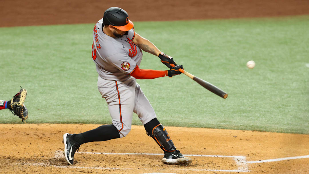 Jul 1, 2025; Arlington, Texas, USA; Baltimore Orioles catcher Gary Sanchez (99) hits a two-run home run during the fourth inning against the Texas Rangers at Globe Life Field. Kevin Jairaj-Imagn Images Jul 1, 2025; Arlington, Texas, USA; Baltimore Orioles catcher Gary Sanchez (99) hits a two-run home run during the fourth inning against the Texas Rangers at Globe Life Field. Kevin Jairaj-Imagn Images