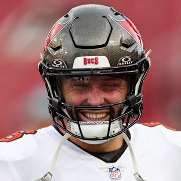 Aug 23, 2024; Tampa, Florida, USA;  Tampa Bay Buccaneers quarterback Baker Mayfield (6) warms up before a preseason game against the Miami Dolphins at Raymond James Stadium. Mandatory Credit: Nathan Ray Seebeck-Imagn Images