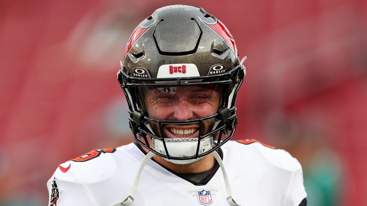 Aug 23, 2024; Tampa, Florida, USA;  Tampa Bay Buccaneers quarterback Baker Mayfield (6) warms up before a preseason game against the Miami Dolphins at Raymond James Stadium. Mandatory Credit: Nathan Ray Seebeck-Imagn Images