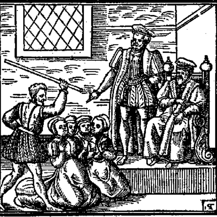 Scene of witches being interrogated by King James VI