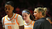 Tennessee basketball coach Kim Caldwell talks to Zee Spearman (11) during an NCAA college basketball game against South Carolina on Monday, Jan. 27, 2025, in Knoxville, Tenn.