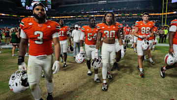 Nov 15, 2025; Miami Gardens, Florida, USA; Miami Hurricanes linebacker Jr. Kellen Wiley (30) looks on after the game against NC State Wolfpack at Hard Rock Stadium. Mandatory Credit: Sam Navarro-Imagn Images