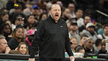 Mar 19, 2025; San Antonio, Texas, USA; New York Knicks head coach Tom Thibodeau yells out to players during the first half against the San Antonio Spurs at Frost Bank Center. Mandatory Credit: Scott Wachter-Imagn Images