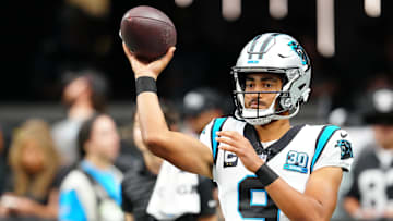Sep 22, 2024; Paradise, Nevada, USA; Carolina Panthers quarterback Bryce Young (9) warms up before a game against the Las Vegas Raiders at Allegiant Stadium. Mandatory Credit: Stephen R. Sylvanie-Imagn Images
