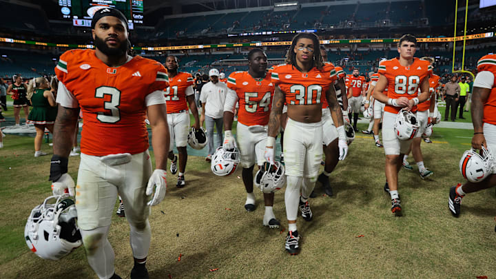 Nov 15, 2025; Miami Gardens, Florida, USA; Miami Hurricanes linebacker Jr. Kellen Wiley (30) looks on after the game against NC State Wolfpack at Hard Rock Stadium. Mandatory Credit: Sam Navarro-Imagn Images