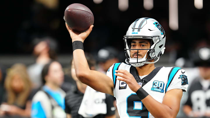Sep 22, 2024; Paradise, Nevada, USA; Carolina Panthers quarterback Bryce Young (9) warms up before a game against the Las Vegas Raiders at Allegiant Stadium. Mandatory Credit: Stephen R. Sylvanie-Imagn Images